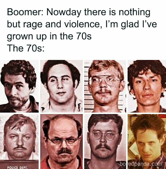 70s crime mugshots highlighting true crime curiosities in a humorous meme format.