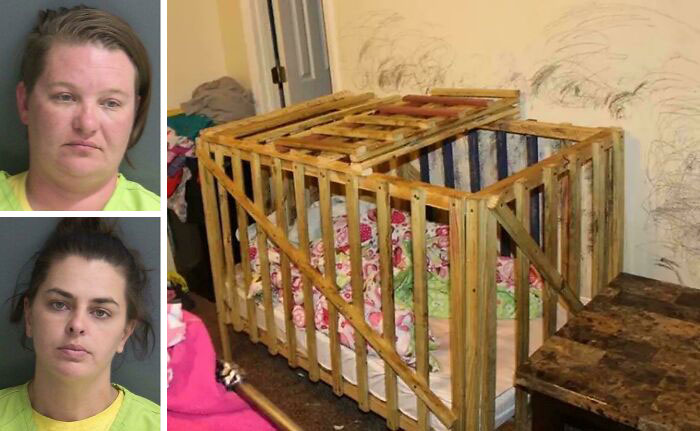 Two women in mugshots beside an unsettling handmade crib highlight a true crime story curiosity.