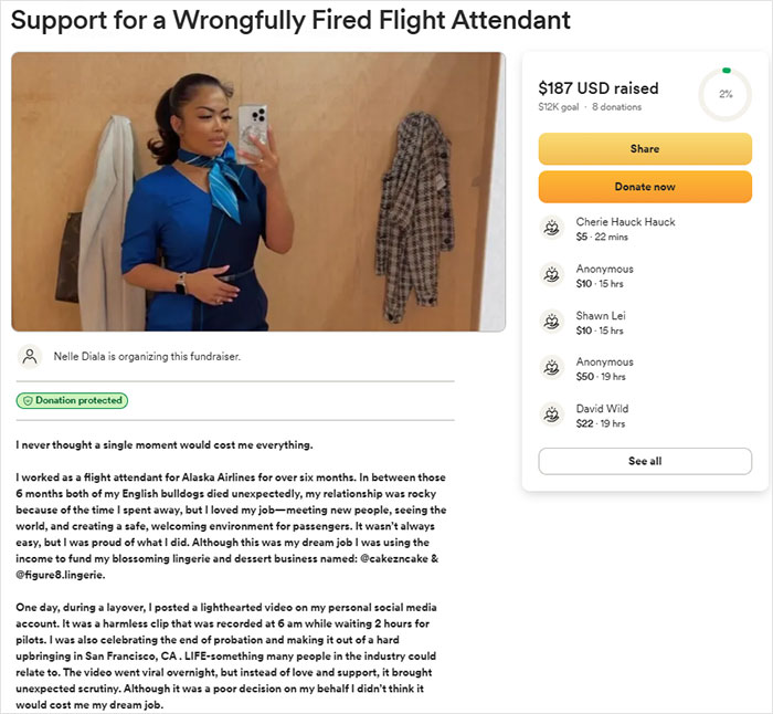 Flight attendant fundraising online after being fired, aiming to support her new lingerie business with a GoFundMe page.