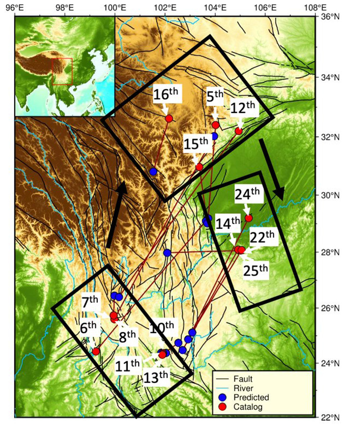 Map showing earthquake predictions and fault lines analysis in the region.