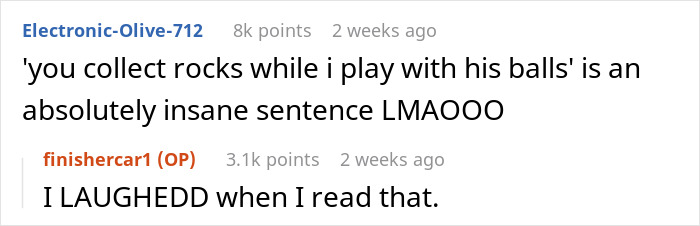 Comment exchange about a humorous sentence related to rocks and balls.