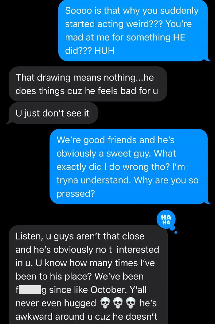 Text exchange about woman joining ex-friend's trip to restart friendship, discussing misunderstandings and feelings.