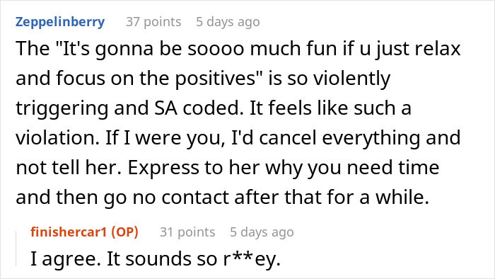 Reddit comments discussing concerns about a woman joining an ex-friend’s solo trip.