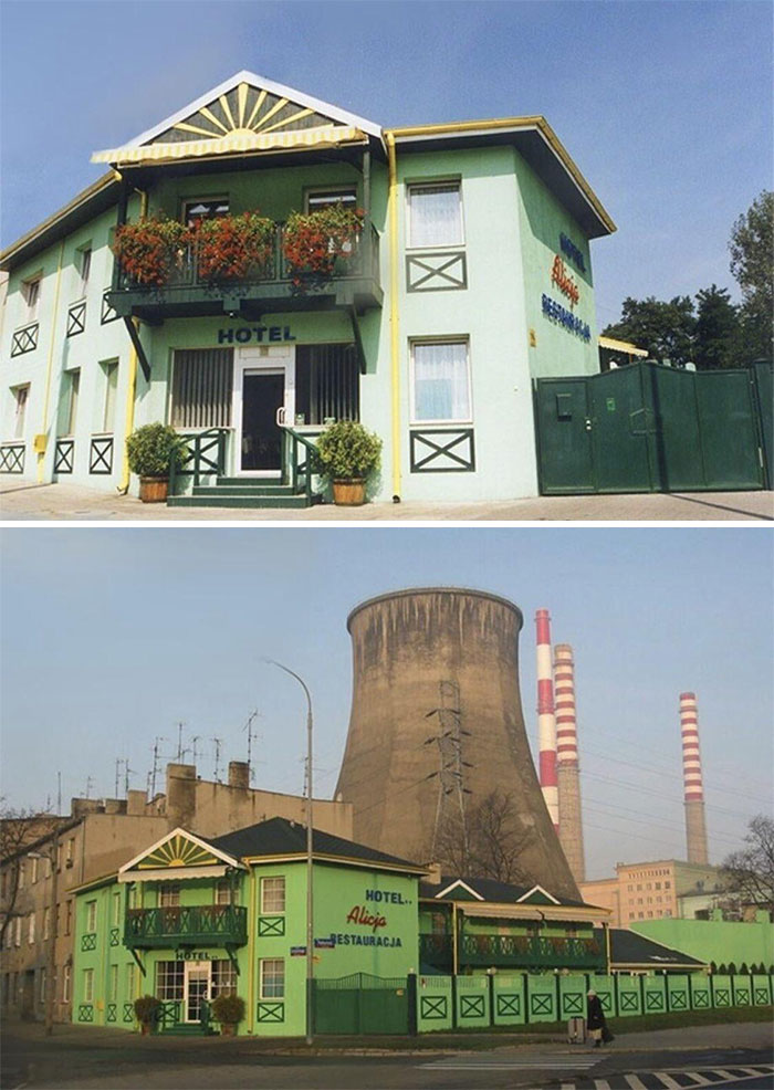 Green hotel beside industrial structures illustrating urban hell contrast.