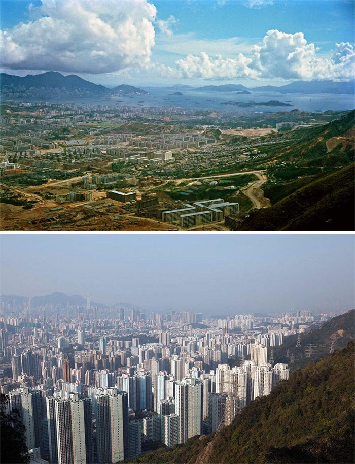 Panoramic views of dense urban hell cityscape with numerous high-rise buildings and rugged terrain.