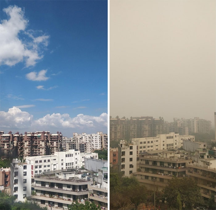 "Urban hell: cityscape comparison with clear skies and heavy smog conditions."