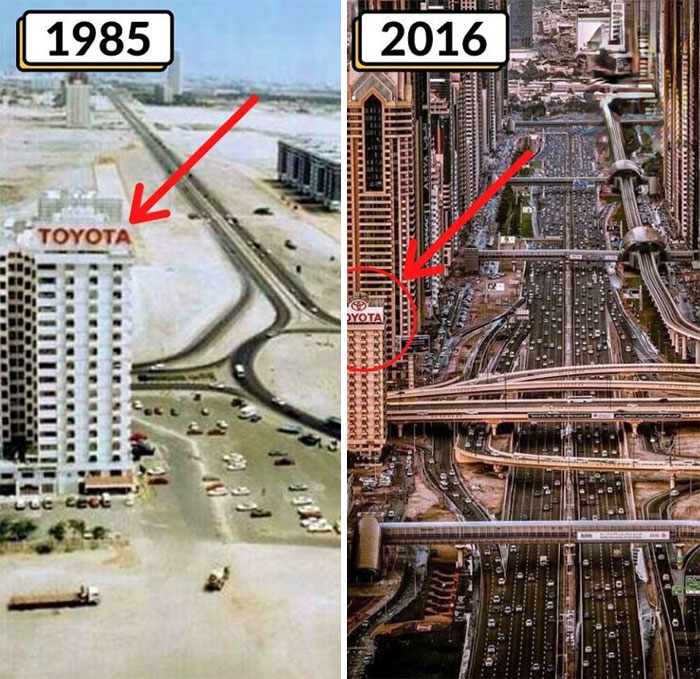 Comparison of urban development: 1985 sparsely populated cityscape vs 2016 dense high-rise and highway growth.