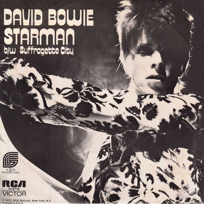 '70s song "Starman" by David Bowie album cover, featuring a black and white artistic image of the artist.