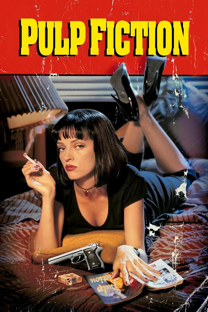 Poster of a woman with a cigarette, gun, and magazine on a bed, highlighting nostalgia movies theme.