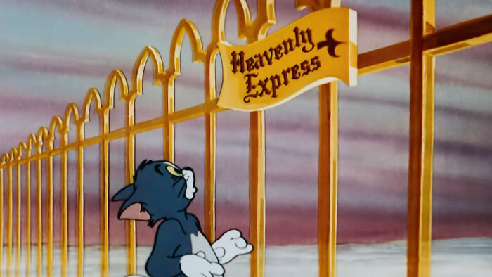 Cartoon cat at golden gate labeled "Heavenly Express," from a scene related to scams in human history.