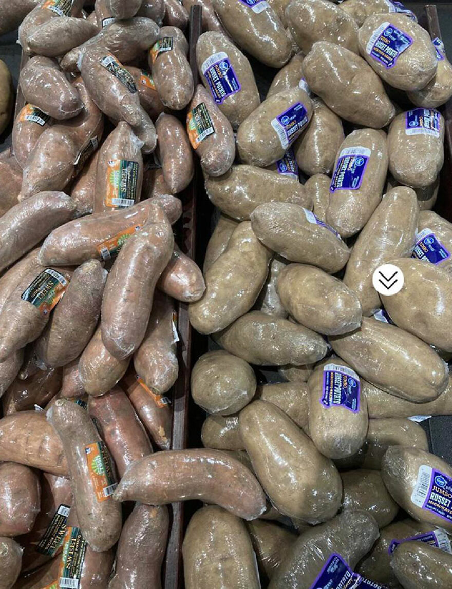 Potatoes wrapped in unnecessary plastic packaging at a grocery store, highlighting wasteful practices.