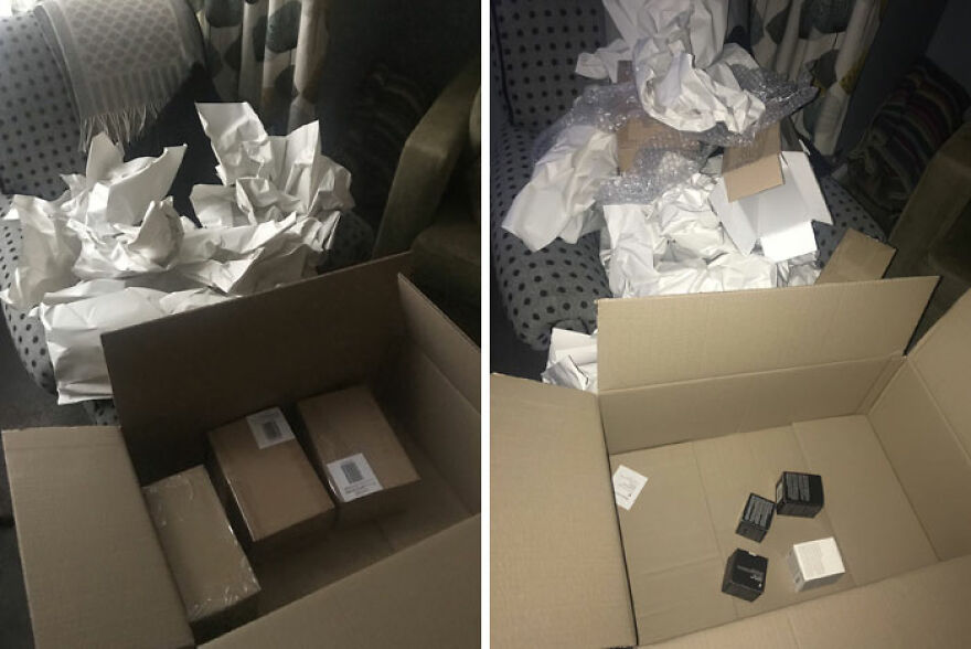 Cardboard boxes with wasteful packaging materials, revealing small items inside.