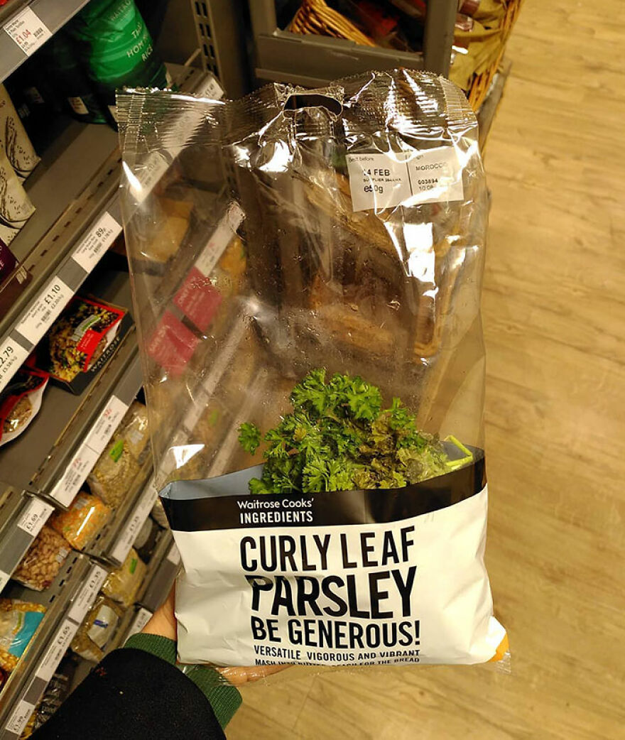 Curly leaf parsley in oversized packaging, illustrating wasteful unnecessary packaging in a grocery store.