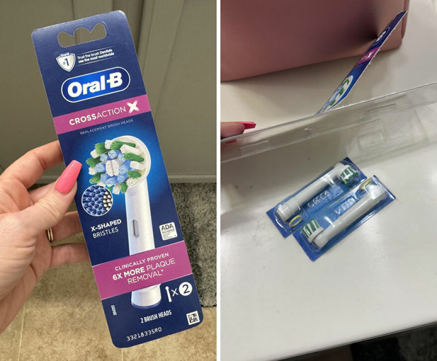 Oral-B toothbrush heads in wasteful, unnecessary packaging.