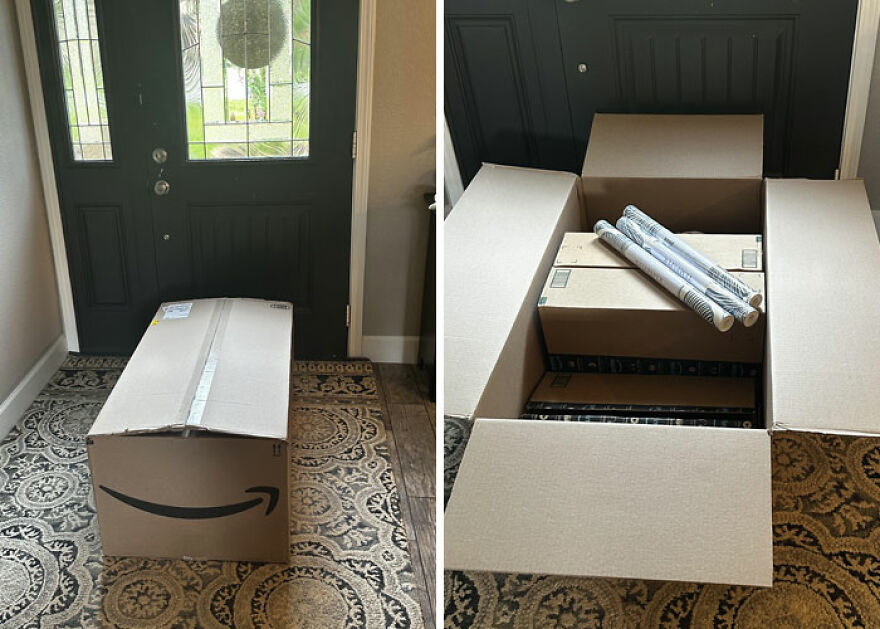 Large box with smaller packages inside at the front door, highlighting wasteful packaging.