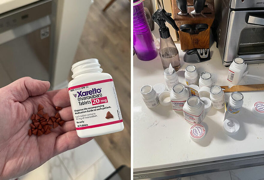 Bottles of medication illustrating wasteful unnecessary packaging on a cluttered kitchen counter.