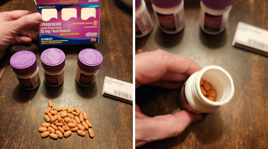 Excessive packaging shown with omeprazole bottles and pills on a table, highlighting wasteful practices.