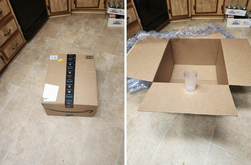 Large box with unnecessary packaging for a single glass, highlighting wasteful packaging practices.