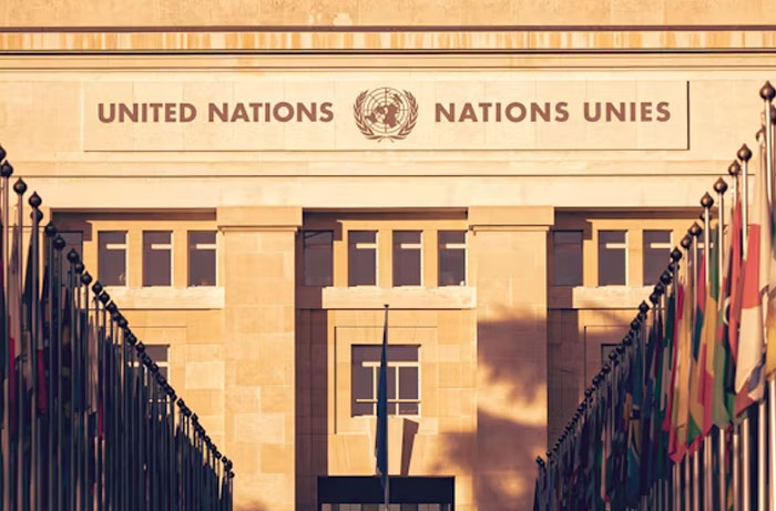 United Nations building facade with flags lining the entrance under sunny sky.