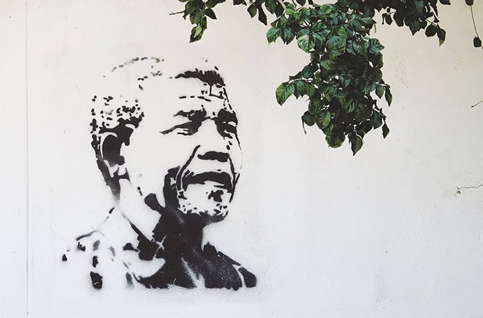 Graffiti portrait on a wall with leafy branches above.