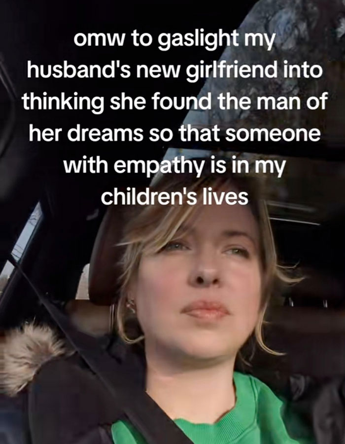 Woman in a car, text overlay about husband's actions, highlighting potential red flag in relationship.