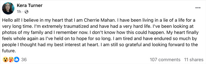 Woman claims she is Cherrie Mahan, missing 8-year-old from 1985, expressing her struggle and hope in a social media post.