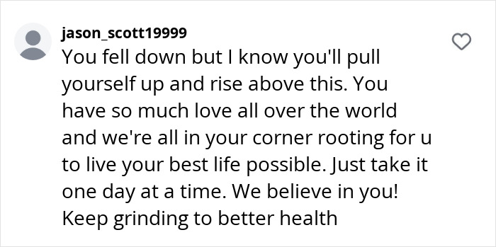 Encouraging comment on social media about health and perseverance.