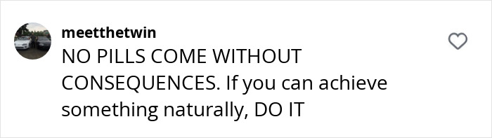 Social media comment warns against pill usage, emphasizing natural methods after an experience with Ozempic consequences.