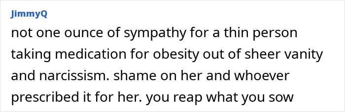 Online comment criticizing a woman for using Ozempic for weight management.