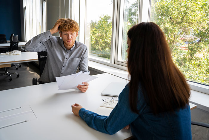 Man looking confused with documents at a desk, woman facing him, discussing mental health.