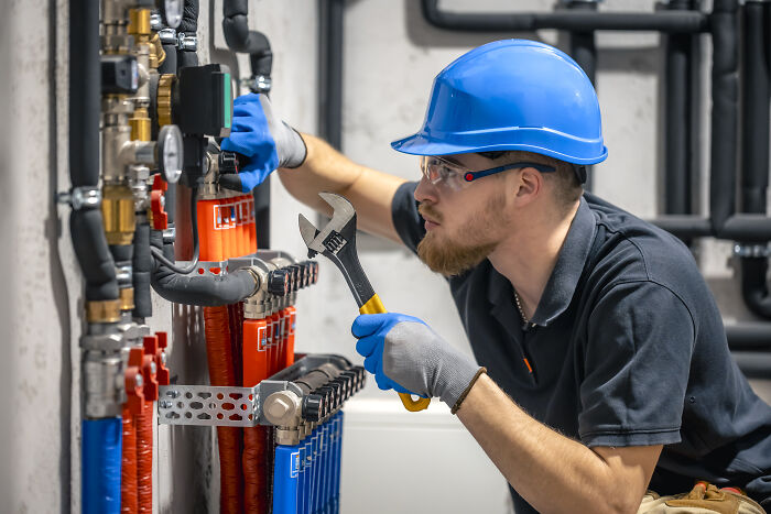 Engineer in blue helmet working on machinery, holding a wrench in an industrial setting.