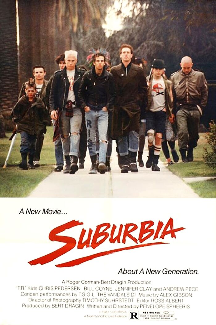 Group of young people walking in a row, promoting the nostalgia movie "Suburbia".