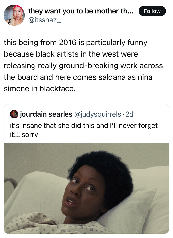 Tweet discussing Zoe Saldaña blackface controversy, referencing her role as Nina Simone and industry context.