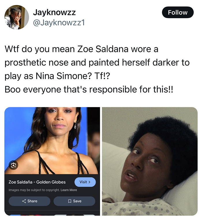 “Tweet questioning Zoe Saldaña's role as Nina Simone; controversy over her portrayal resurfaces.”