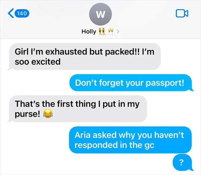 Text message exchange about vacation preparation, featuring excitement and a reminder to bring a passport.