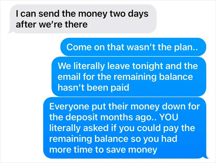 Text conversation about a vacation payment disagreement.