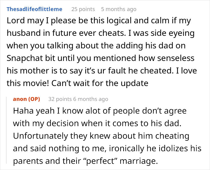 Reddit comments discussing a woman handling a cheating husband and affecting his life and his dad’s marriage.