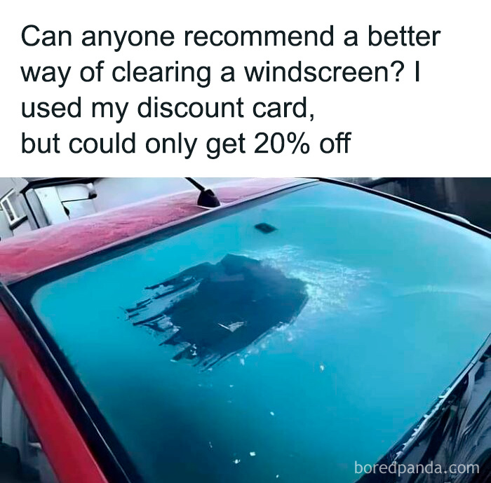 Car windshield with a small clear patch, text overlay with dad humor about using a discount card to clear frost.