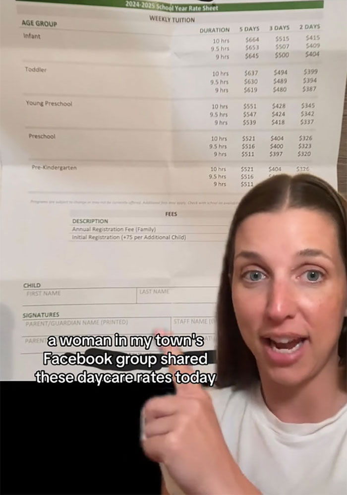 Woman showing daycare rates, highlighting affordability issues for young parents.