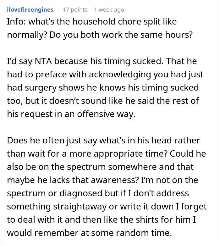 Comment discussing timing after surgery and questioning household chore split balance.