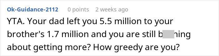 Reddit comment discussing inheritance disparity between siblings.