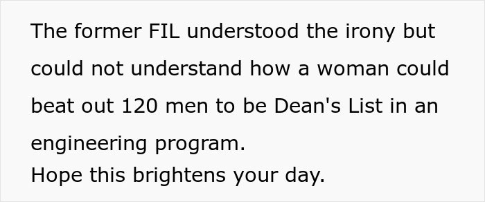 Text about a woman making Dean's List in engineering; irony noted by former FIL.