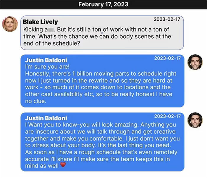 Text exchange on February 17, 2023, discussing schedule challenges and reassuring body image concerns.