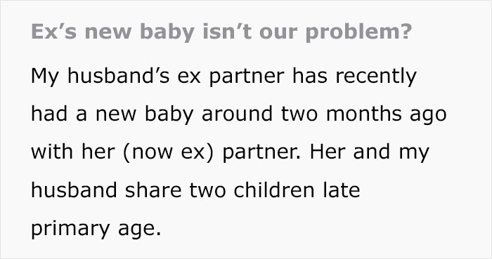 Text discussing husband's ex's new baby and its impact on current relationship dynamics.