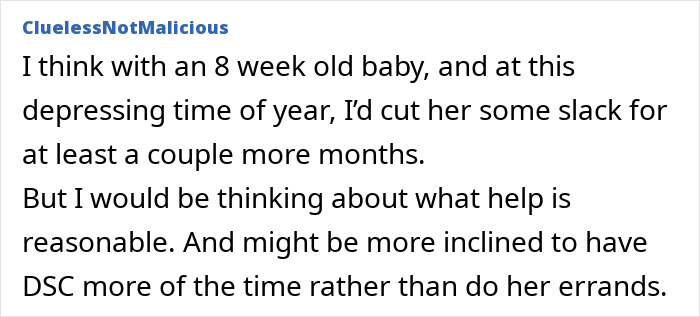 Text discussing cut her some slack due to new baby challenges.