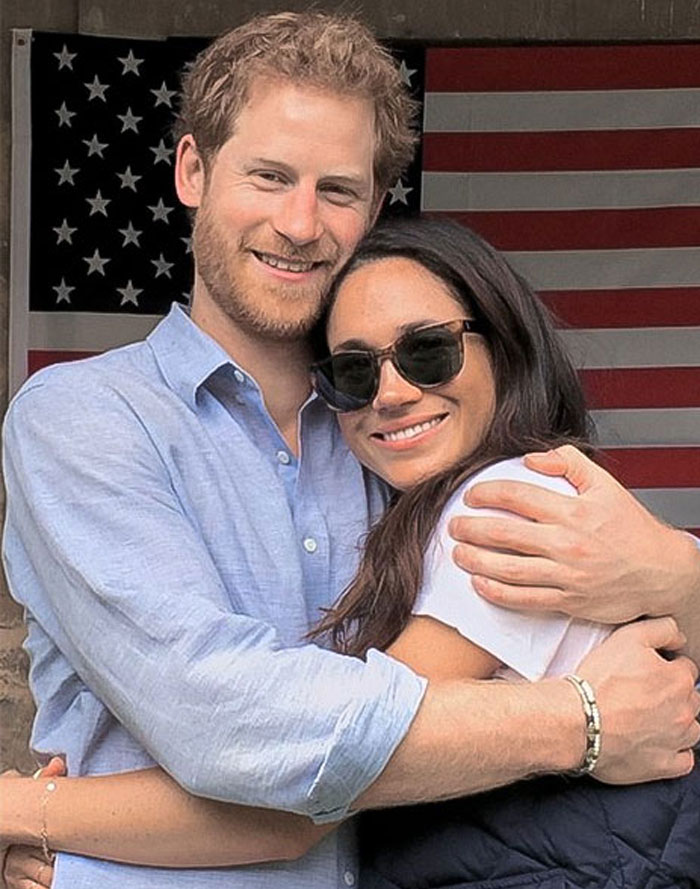 A couple embracing in front of an American flag, with a focus on the theme of self-promotion and charity work.