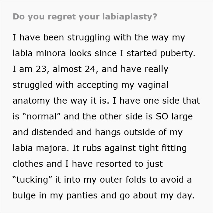 Text discussing personal labiaplasty experience and struggles with vaginal appearance.