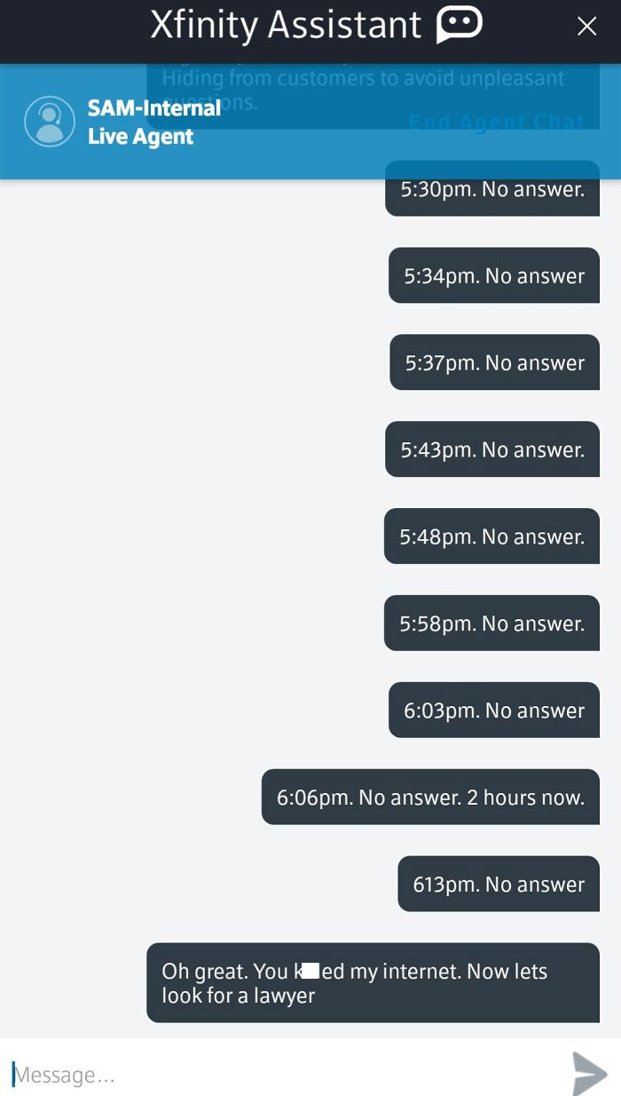 Chat support showing repeated "No answer" messages, highlighting infuriating experience.