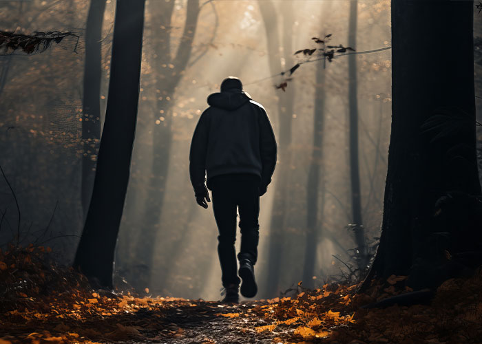 Person walking alone on a shadowy, eerie forest trail, evoking one of the scariest hikes.