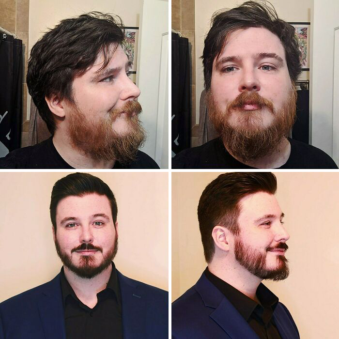 Man with a transformed haircut and beard; before and after comparison.